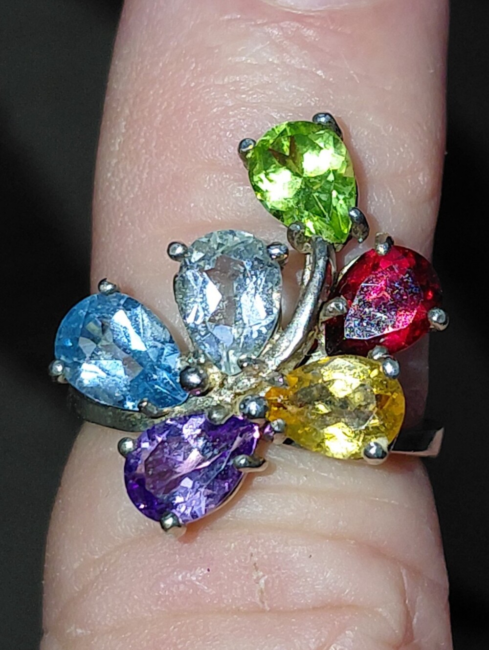 Vintage Sterling Silver Gemstone Ring: Rainbow Spray, Size 6.5 Stamped